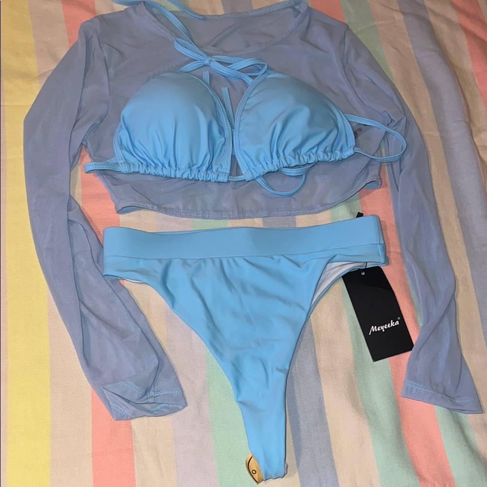 Meyeeka 3 PIECE Baby blue bikini set with sheer long sleeve crop top
